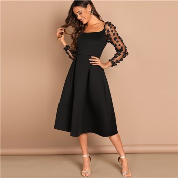 Sheinside Contrast Mesh Long Sleeve Appliques Pleated Dress Square Neck Party Dresses Women Evening Knee Length Lady Black Dress