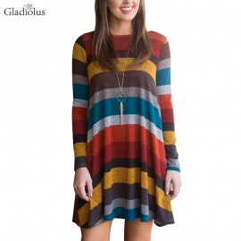 Gladiolus 2018 Autumn Winter Women Dress O-Neck Long Sleeve Striped Pocket Loose Casual Midi Knitted Sweater Dress Party Dresses