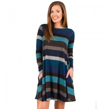 Gladiolus 2018 Autumn Winter Women Dress O-Neck Long Sleeve Striped Pocket Loose Casual Midi Knitted Sweater Dress Party Dresses