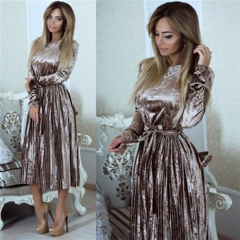 Susiamp;Rita Vintage Long Sleeve Velvet Dress Women 2018 Bodycon Belted Midi Dress Spring Pleated Party Dresses Vestidos Robe Femme