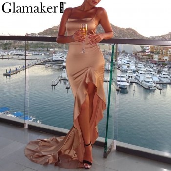 Glamaker Irregular ruffle split maxi dress Women sexy bodycon long dress elegant Female autumn party club dress vestido de noiva