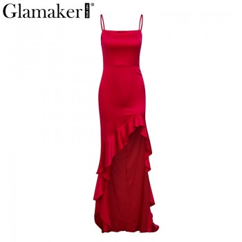 Glamaker Irregular ruffle split maxi dress Women sexy bodycon long dress elegant Female autumn party club dress vestido de noiva
