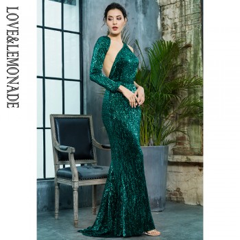 Loveamp;Lemonade Open Back Separate Sleeve Elastic Sequins Long Dress LM81333-1GREEN