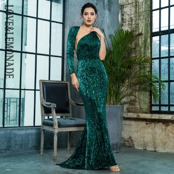Loveamp;Lemonade Open Back Separate Sleeve Elastic Sequins Long Dress LM81333-1GREEN