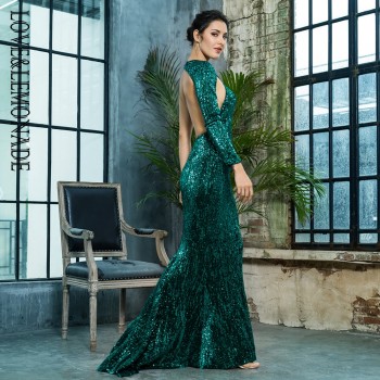 Loveamp;Lemonade Open Back Separate Sleeve Elastic Sequins Long Dress LM81333-1GREEN