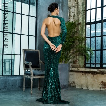 Loveamp;Lemonade Open Back Separate Sleeve Elastic Sequins Long Dress LM81333-1GREEN