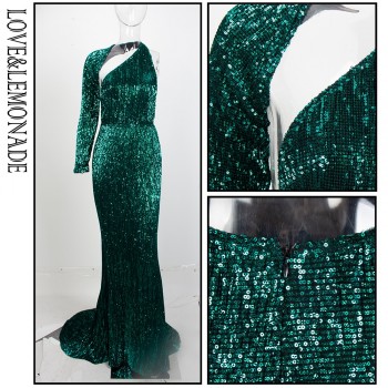 Loveamp;Lemonade Open Back Separate Sleeve Elastic Sequins Long Dress LM81333-1GREEN
