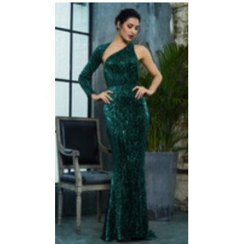 Loveamp;Lemonade Open Back Separate Sleeve Elastic Sequins Long Dress LM81333-1GREEN