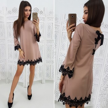 Women Vintage Back Bow Tie Lace Party Dress Solid Patchwork Casual A Line Dress 2019 New Spring Women O Neck Mini Dresses