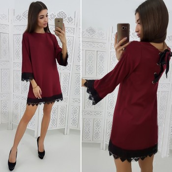 Women Vintage Back Bow Tie Lace Party Dress Solid Patchwork Casual A Line Dress 2019 New Spring Women O Neck Mini Dresses