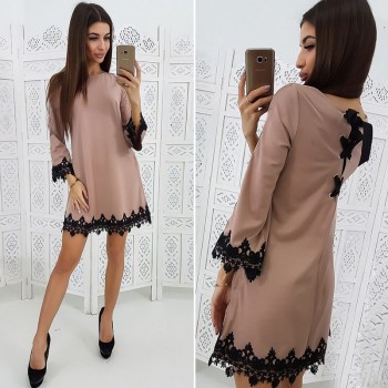 Women Vintage Back Bow Tie Lace Party Dress Solid Patchwork Casual A Line Dress 2019 New Spring Women O Neck Mini Dresses