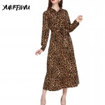 Women Long Sleeve Dress Leopard Snake Printing Ankle Length Long Dress Retro Ladies Casual Dresses With Belt vestidos