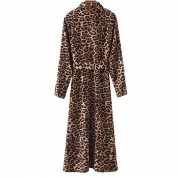 Women Long Sleeve Dress Leopard Snake Printing Ankle Length Long Dress Retro Ladies Casual Dresses With Belt vestidos
