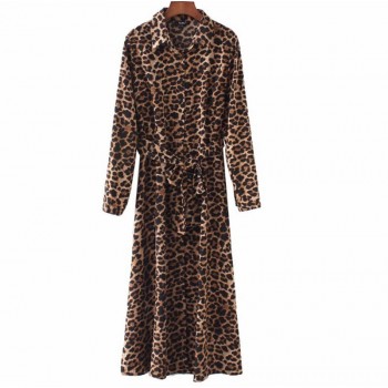 Women Long Sleeve Dress Leopard Snake Printing Ankle Length Long Dress Retro Ladies Casual Dresses With Belt vestidos