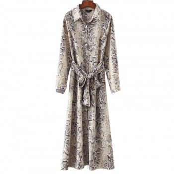 Women Long Sleeve Dress Leopard Snake Printing Ankle Length Long Dress Retro Ladies Casual Dresses With Belt vestidos
