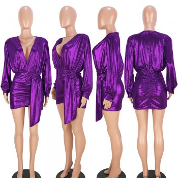 Sexy Deep V Neck Mini Dress Women Casual Long Puff Sleeve Irregular Party Dresses Elegant Robe Femme Christmas Bodycon Vestido