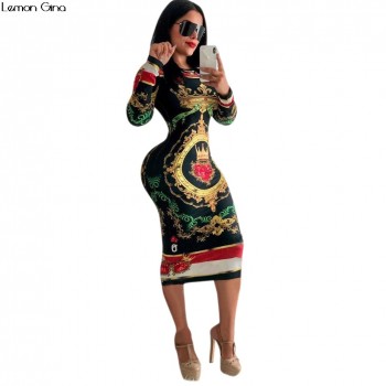 2018 women long sleeve o-neck national poker print floral bodycon bandage knee length midi dress sexy vestidos S-2XL Y133