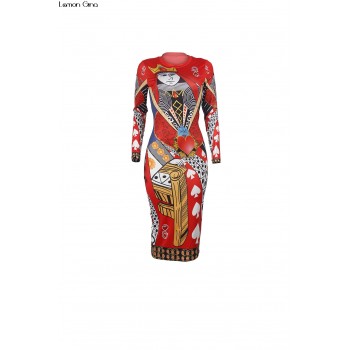 2018 women long sleeve o-neck national poker print floral bodycon bandage knee length midi dress sexy vestidos S-2XL Y133
