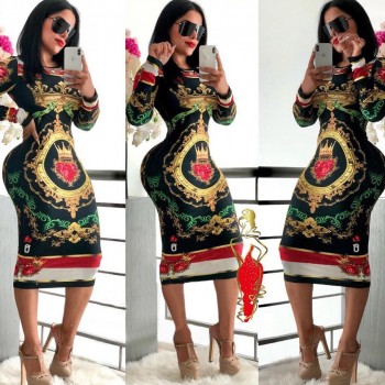 2018 women long sleeve o-neck national poker print floral bodycon bandage knee length midi dress sexy vestidos S-2XL Y133