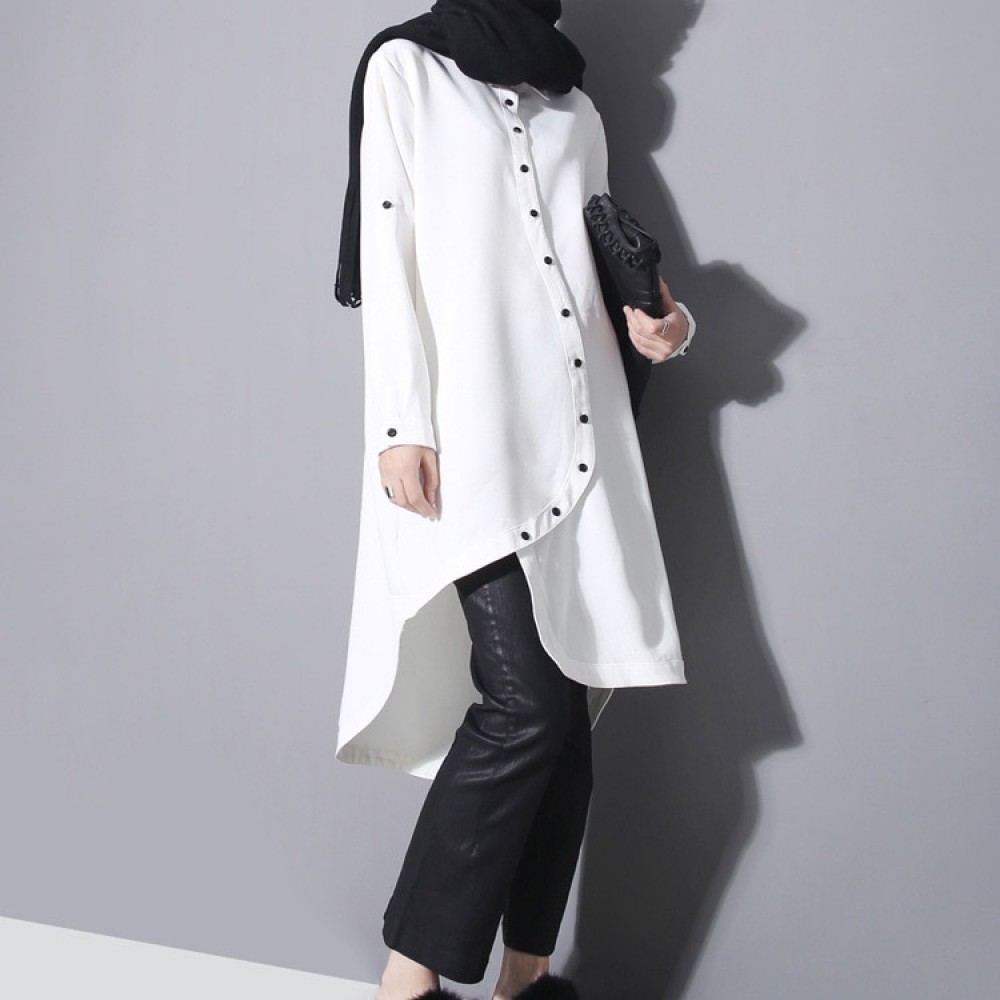 GETSRING Women Shirt Dress Long Loose Asymmetric Irregular Women Dress Shirt Winter Hem Thick Chiffon Dress Plus Size Spring