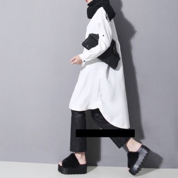 GETSRING Women Shirt Dress Long Loose Asymmetric Irregular Women Dress Shirt Winter Hem Thick Chiffon Dress Plus Size Spring