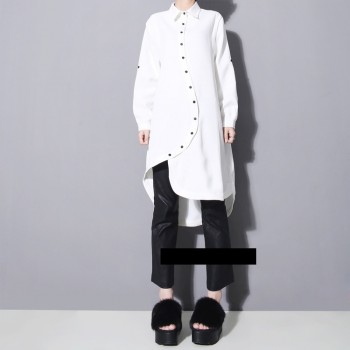 GETSRING Women Shirt Dress Long Loose Asymmetric Irregular Women Dress Shirt Winter Hem Thick Chiffon Dress Plus Size Spring