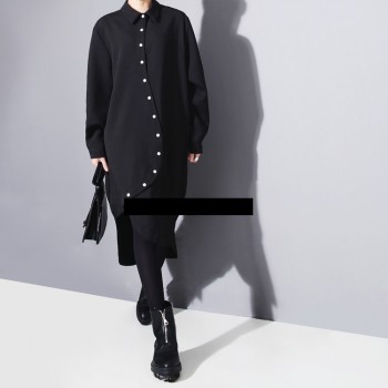 GETSRING Women Shirt Dress Long Loose Asymmetric Irregular Women Dress Shirt Winter Hem Thick Chiffon Dress Plus Size Spring