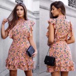 2018 new fashion print dress sleeveless mosaic garden style short dress front row unique design invisible zipper ruffle dress