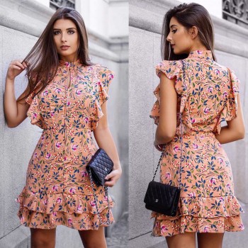 2018 new fashion print dress sleeveless mosaic garden style short dress front row unique design invisible zipper ruffle dress