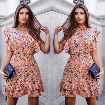 2018 new fashion print dress sleeveless mosaic garden style short dress front row unique design invisible zipper ruffle dress