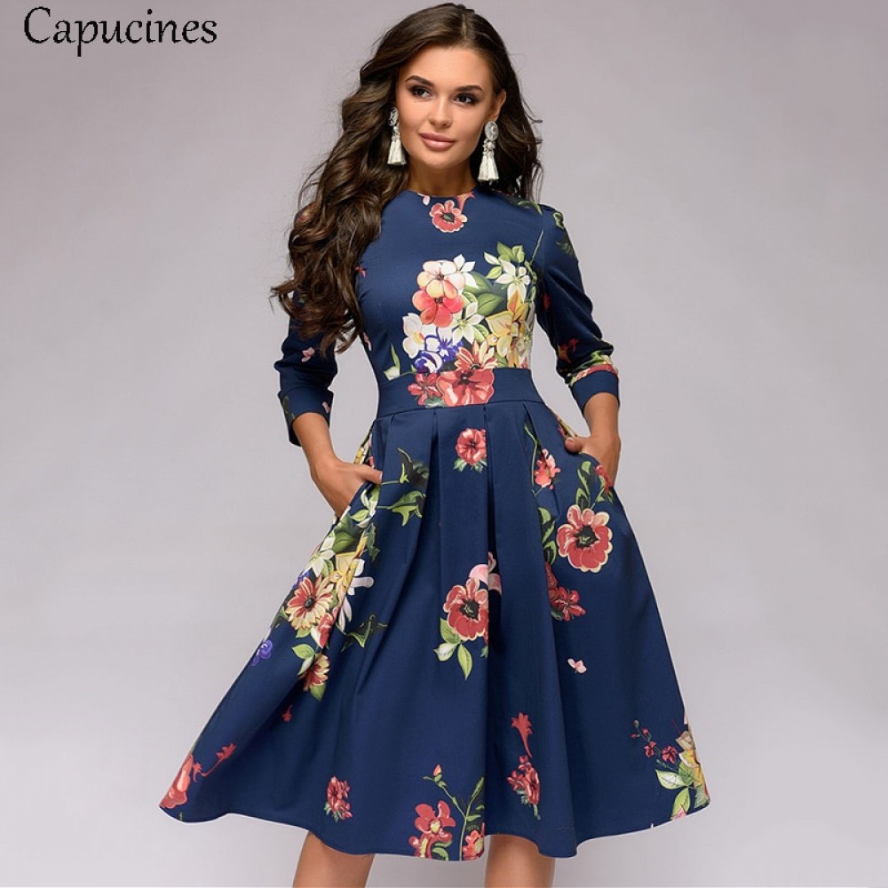 Capucines Womens Elegent Pleated Floral Printing A-line Dress 2018 Autumn  Vintage 3/4 Sleeve Pockets Casual Blue Party Dress