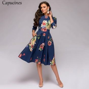 Capucines Womens Elegent Pleated Floral Printing A-line Dress 2018 Autumn  Vintage 3/4 Sleeve Pockets Casual Blue Party Dress