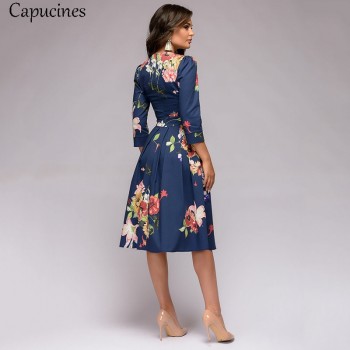 Capucines Womens Elegent Pleated Floral Printing A-line Dress 2018 Autumn  Vintage 3/4 Sleeve Pockets Casual Blue Party Dress