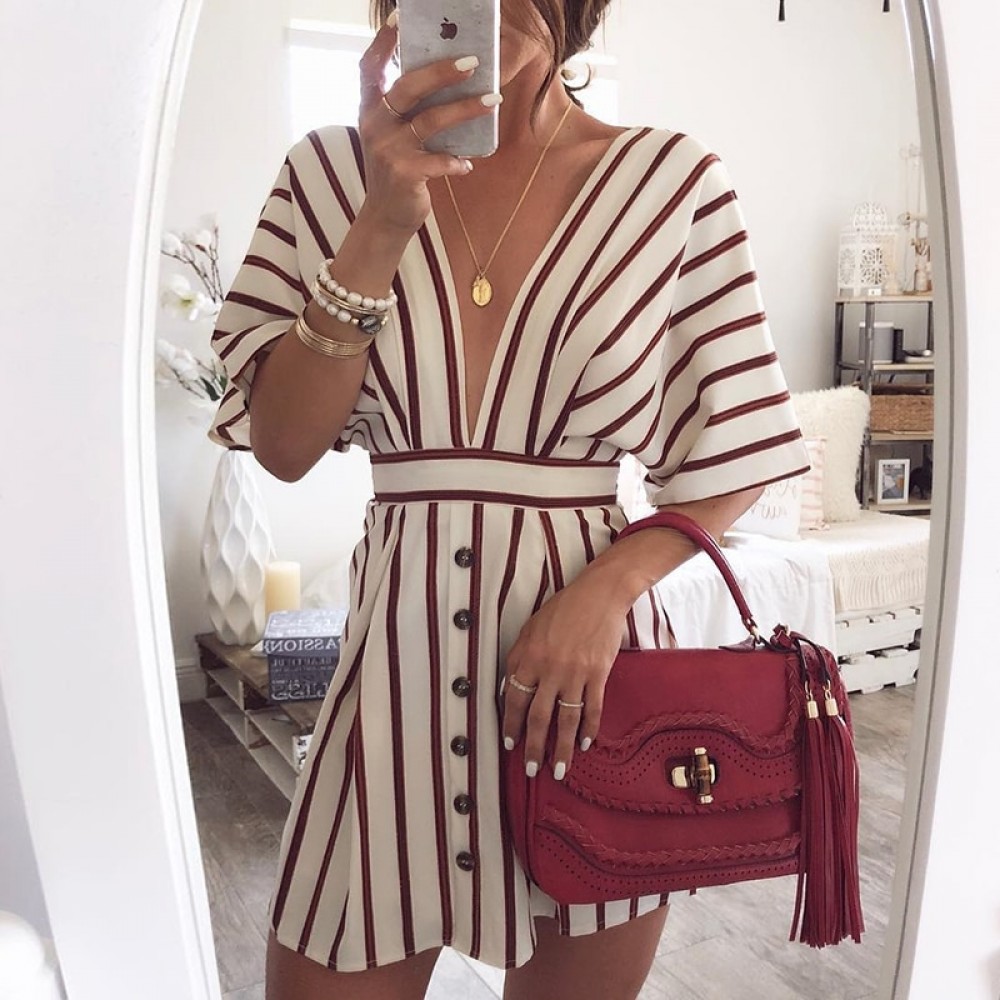 2019 Autumn Elegant Fashion Striped Dress Sexy Deep V-Neck Batwing Sleeve Short Sleeved Button Vintage Casual Female Vestidos