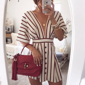 2019 Autumn Elegant Fashion Striped Dress Sexy Deep V-Neck Batwing Sleeve Short Sleeved Button Vintage Casual Female Vestidos