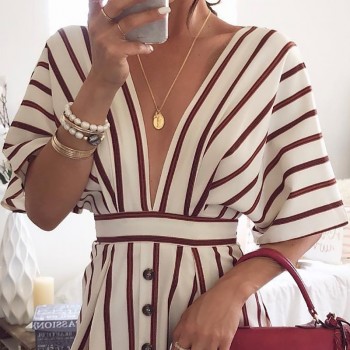 2019 Autumn Elegant Fashion Striped Dress Sexy Deep V-Neck Batwing Sleeve Short Sleeved Button Vintage Casual Female Vestidos
