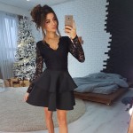 Vintage Women Lace Patchwork Fit and Flare Dress Elegant V Neck Solid Mini Dress 2019 New Spring Lady Layered Pretty Dresses