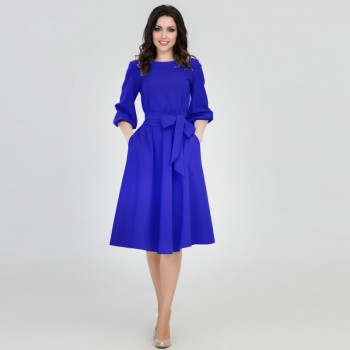 Women Spring  Dresses Casual A-line Solid Sashes Mid-calf Lantern Sleeve Empire O-neck