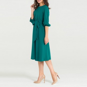 Women Spring  Dresses Casual A-line Solid Sashes Mid-calf Lantern Sleeve Empire O-neck