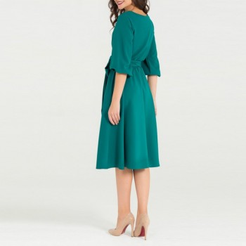 Women Spring  Dresses Casual A-line Solid Sashes Mid-calf Lantern Sleeve Empire O-neck