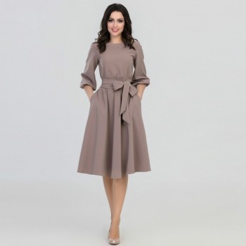Women Spring  Dresses Casual A-line Solid Sashes Mid-calf Lantern Sleeve Empire O-neck