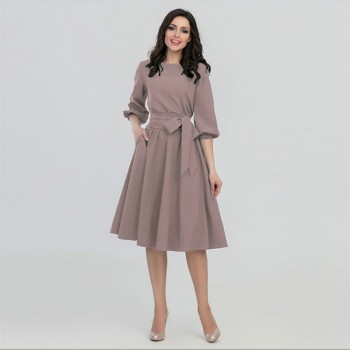 Women Spring  Dresses Casual A-line Solid Sashes Mid-calf Lantern Sleeve Empire O-neck