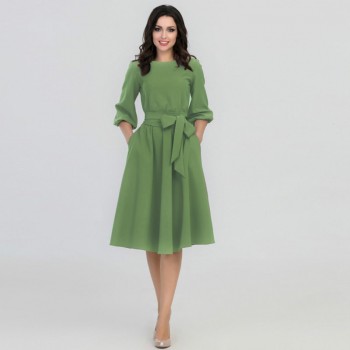 Women Spring  Dresses Casual A-line Solid Sashes Mid-calf Lantern Sleeve Empire O-neck
