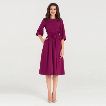 Women Spring  Dresses Casual A-line Solid Sashes Mid-calf Lantern Sleeve Empire O-neck