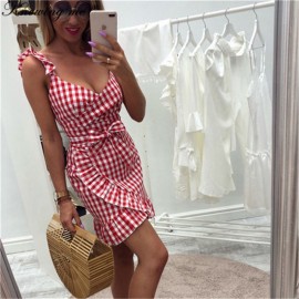 Knowing me Women 2019 Summer beach Strapless dress backless plaid Ruffle bodycon spaghetti strap wrap dress Sashes party Vestido