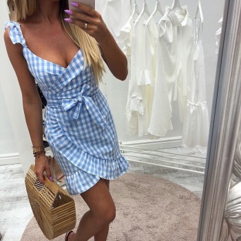 Knowing me Women 2019 Summer beach Strapless dress backless plaid Ruffle bodycon spaghetti strap wrap dress Sashes party Vestido
