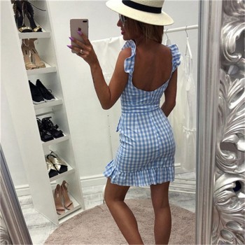 Knowing me Women 2019 Summer beach Strapless dress backless plaid Ruffle bodycon spaghetti strap wrap dress Sashes party Vestido
