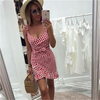 Knowing me Women 2019 Summer beach Strapless dress backless plaid Ruffle bodycon spaghetti strap wrap dress Sashes party Vestido