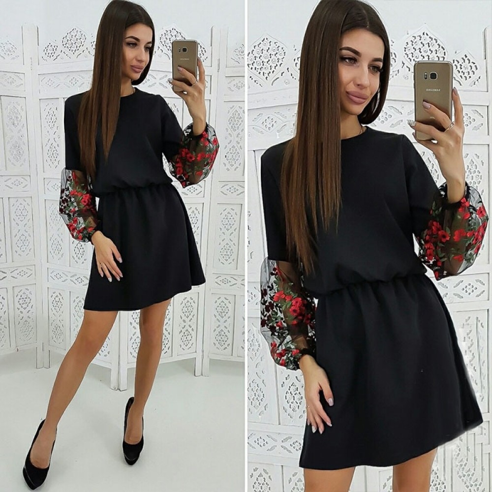 Womens Embroidery Dress 2019 Spring Mesh Patchwork Fashion Party A Line Dress Long Sleeve O-Neck Casual Mini Dresses