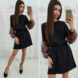 Womens Embroidery Dress 2019 Spring Mesh Patchwork Fashion Party A Line Dress Long Sleeve O-Neck Casual Mini Dresses